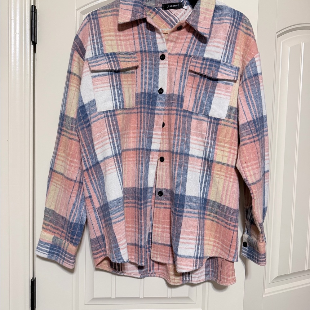 Avenue Pink, Blue & Cream Plaid Button-Front Shirt Jacket